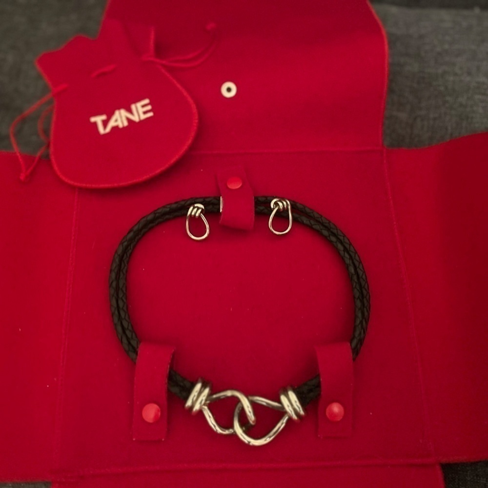 TANE Vintage Leather & Sterling Silver Links Necklace and Matching Hoop Earrings